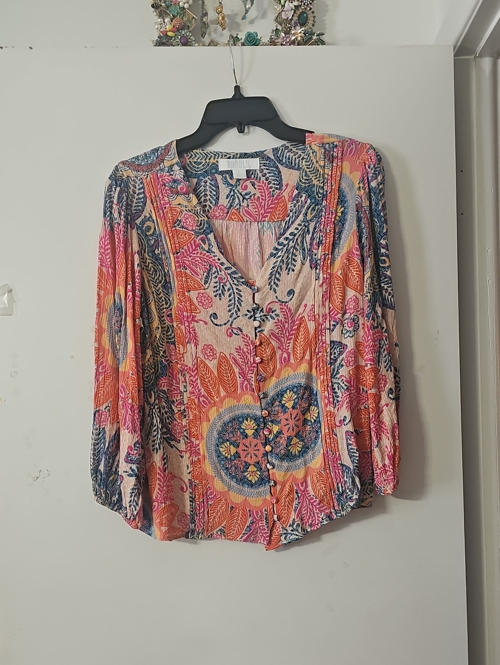 Boho Floral Peasant Blouse in Pink & Navy